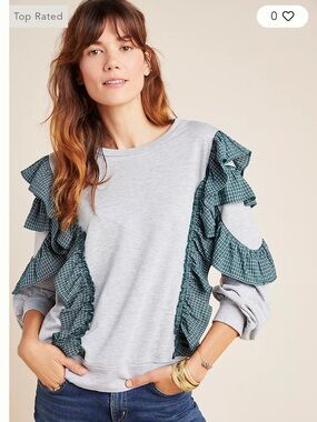 Anthropologie NuRode Heathered Gray Sweatshirt with Green Plaid Ruffle Sleeves